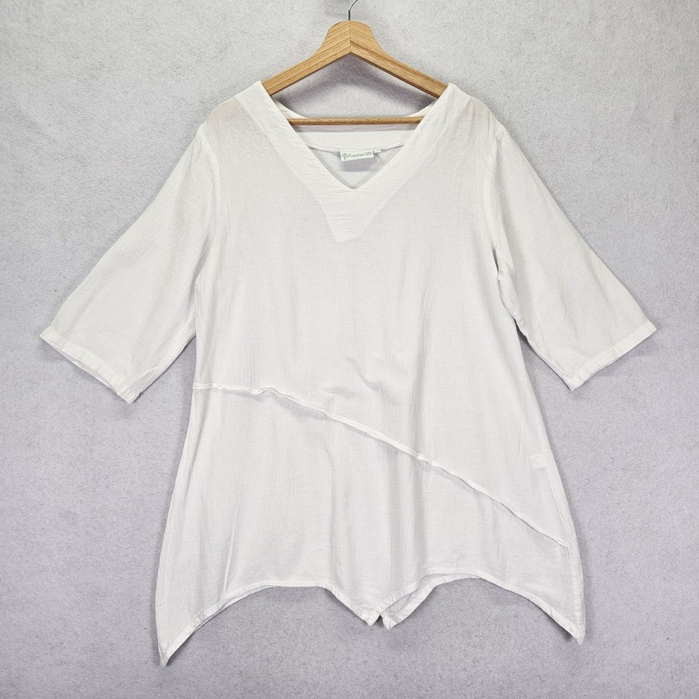 Lulu B Top V-Neck High-Low 3/4 Sleeve Tunic Women Size S White Boho Beach Travel